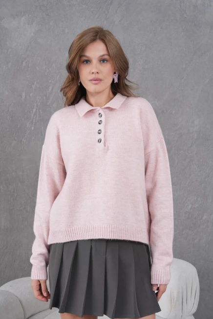 Kadınpolo Yaka Yarım Pat Düğme Salaş Triko Kazak