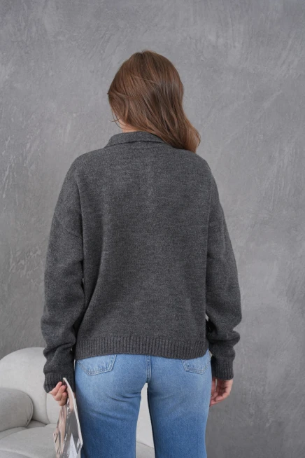 Kadınpolo Yaka Yarım Pat Düğme Salaş Triko Kazak