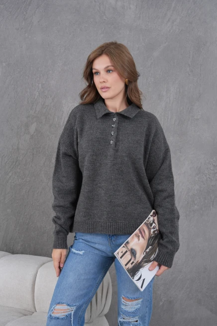 Kadınpolo Yaka Yarım Pat Düğme Salaş Triko Kazak