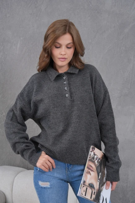 Kadınpolo Yaka Yarım Pat Düğme Salaş Triko Kazak