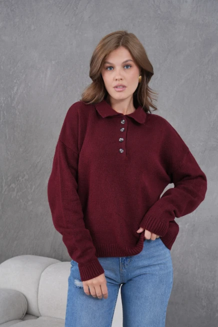 Kadınpolo Yaka Yarım Pat Düğme Salaş Triko Kazak