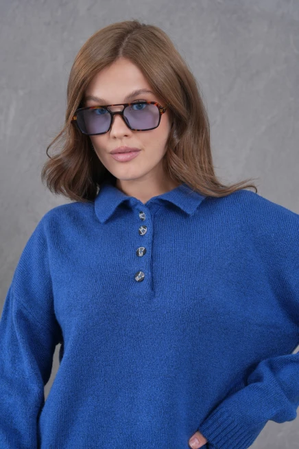 Kadınpolo Yaka Yarım Pat Düğme Salaş Triko Kazak