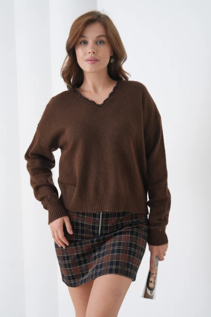 Kadınv Yak Adantel Detay Yumuşak Dokulu Triko Kazak