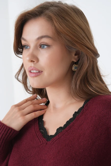 Kadınv Yak Adantel Detay Yumuşak Dokulu Triko Kazak