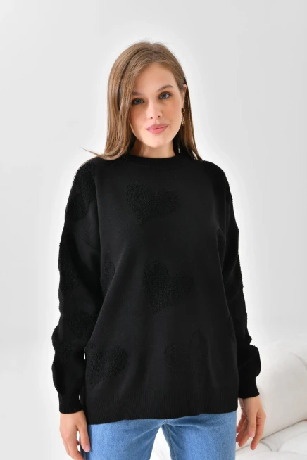Kalp Desenli İnce Oversize Triko Kazak