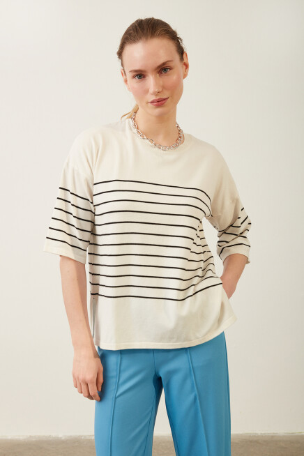 Bisiklet Yaka Kadın Çizgili Triko Bluz