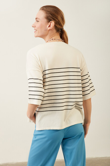 Bisiklet Yaka Kadın Çizgili Triko Bluz