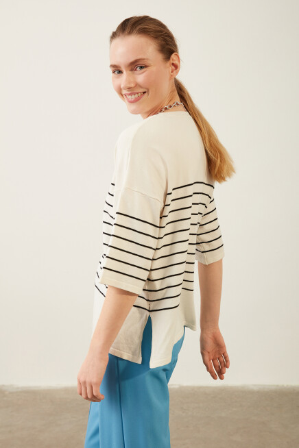 Bisiklet Yaka Kadın Çizgili Triko Bluz