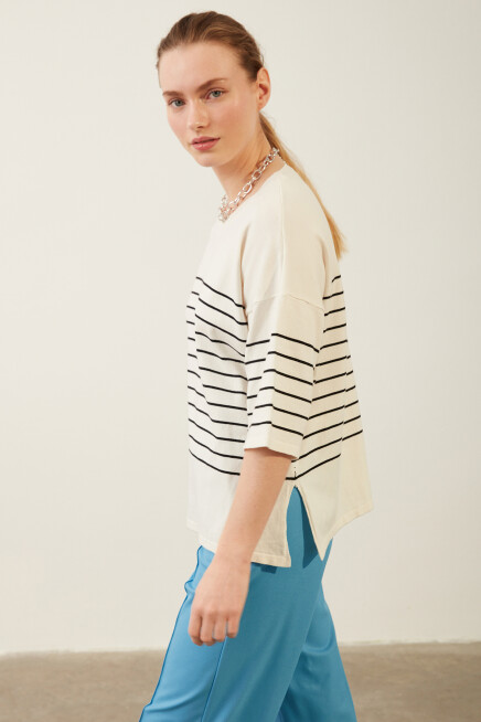 Bisiklet Yaka Kadın Çizgili Triko Bluz