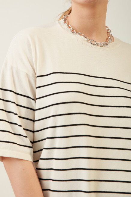 Bisiklet Yaka Kadın Çizgili Triko Bluz