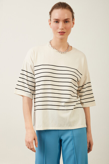 Bisiklet Yaka Kadın Çizgili Triko Bluz