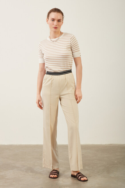 Camel Renk Düğme Detaylı Çizgili Bluz