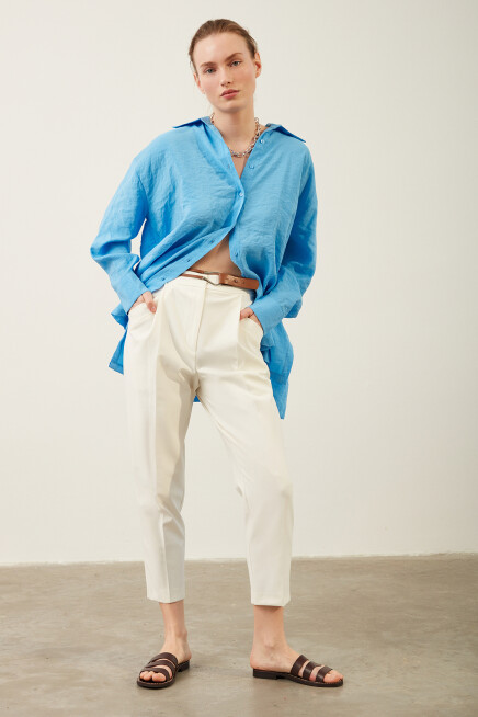 Deri Kemerli Dar Paça Ekru Pantolon