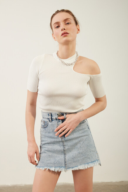 Kadın Püsküllü Mini Jean Etek