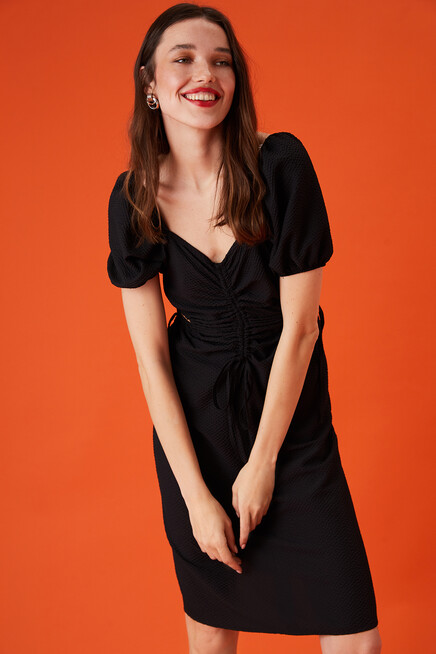 Waist Detailed Balloon Sleeve Womens Dress