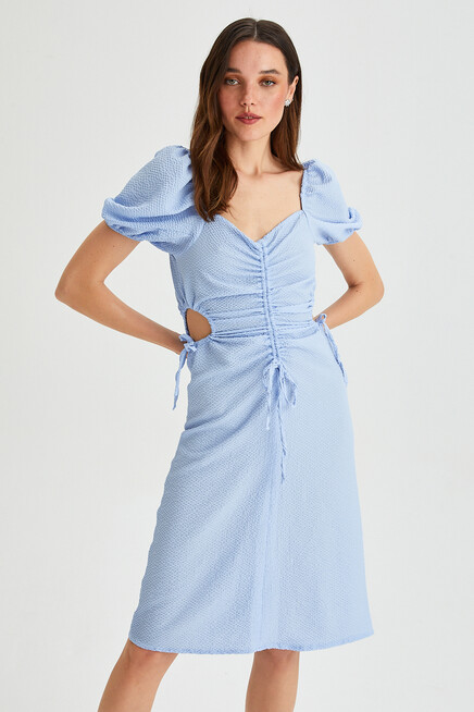 Waist Detailed Balloon Sleeve Womens Dress