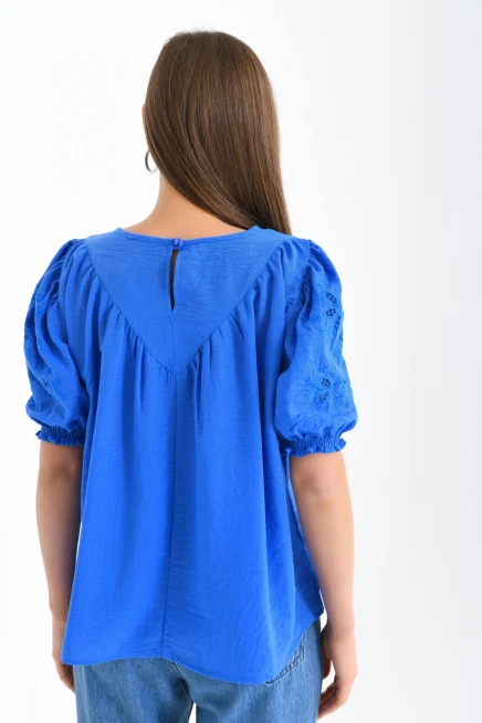 Saks Renk Yaka Detaylı Kadın Bluz