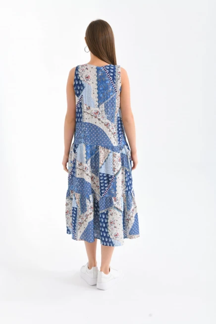 Mavi Renk Desenli Kolsuz Elbise