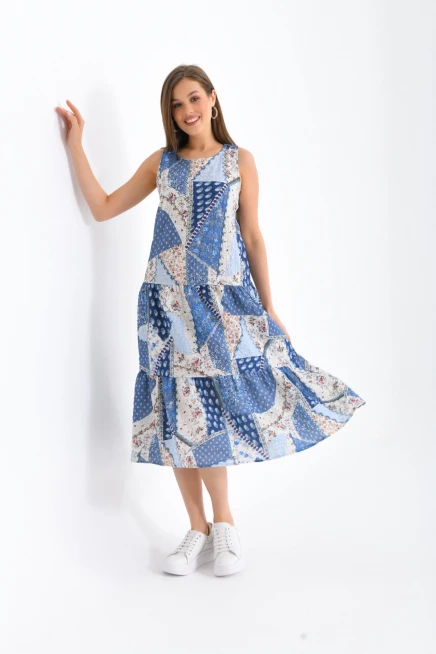 Mavi Renk Desenli Kolsuz Elbise