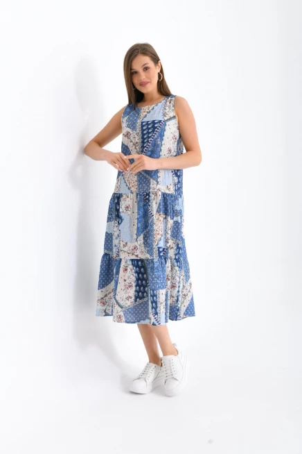 Mavi Renk Desenli Kolsuz Elbise
