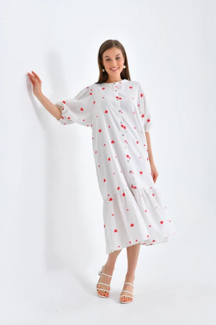 Kırmızı Kalpli Düğmeli Uzun Elbise