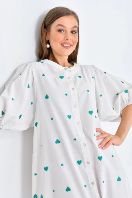 Yeşil Kalpli Balon Kol Uzun Elbise