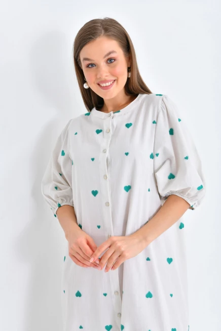 Yeşil Kalpli Balon Kol Uzun Elbise