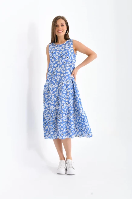 Mavi Renk Papatya Desenli Elbise