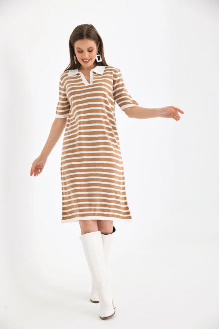 Kadın Gömlek Yaka Camel Renk Çizgili Elbise
