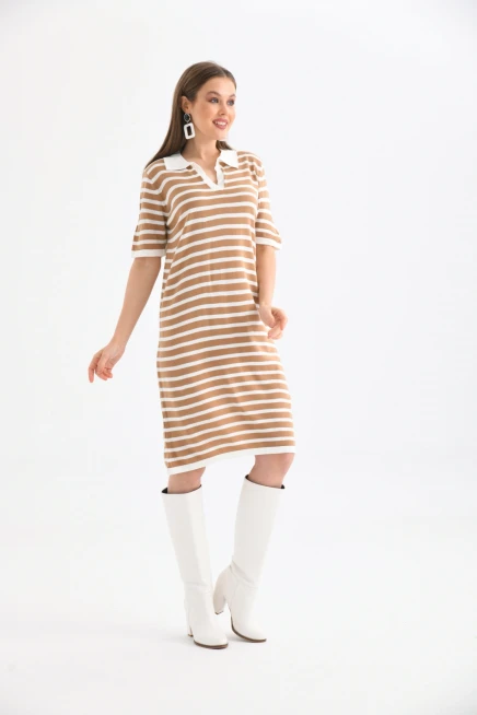 Kadın Gömlek Yaka Camel Renk Çizgili Elbise