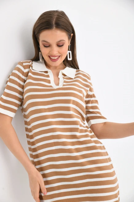 Kadın Gömlek Yaka Camel Renk Çizgili Elbise