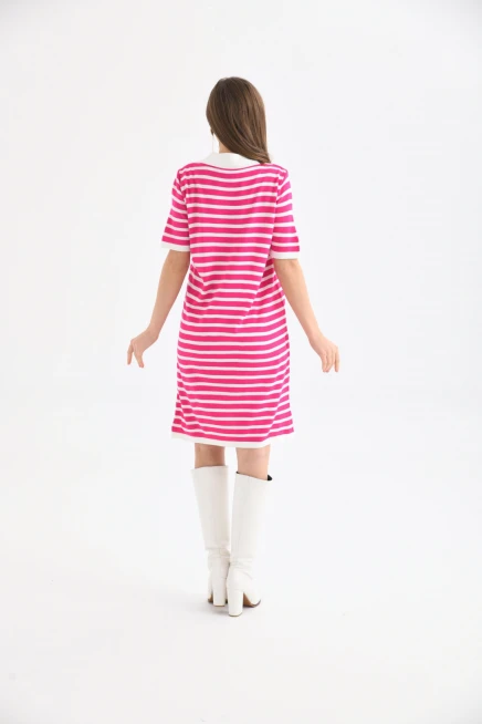 Kadın Gömlek Yaka Fuşya Renk Çizgili Elbise
