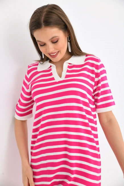 Kadın Gömlek Yaka Fuşya Renk Çizgili Elbise