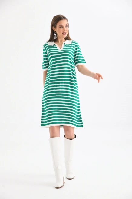 Kadın Gömlek Yaka Yeşil Renk Çizgili Diz Boy Elbise