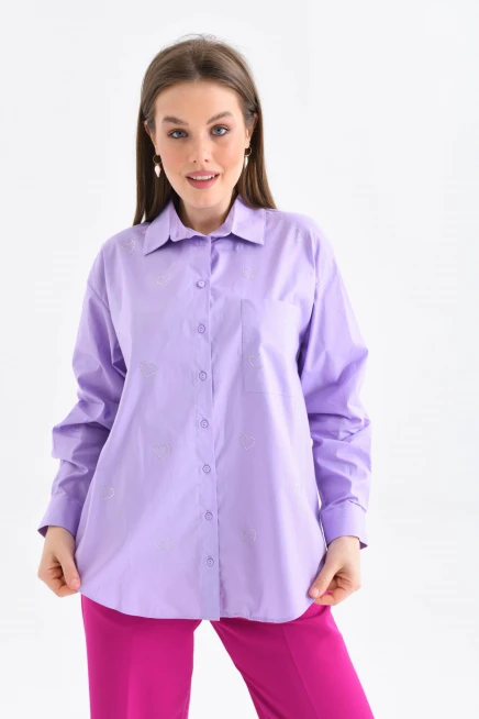 Lila Cep Detaylı Kadın Gömlek