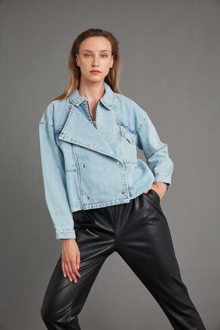 Womens Light Blue Button Detailed Oversize Denim Jacket