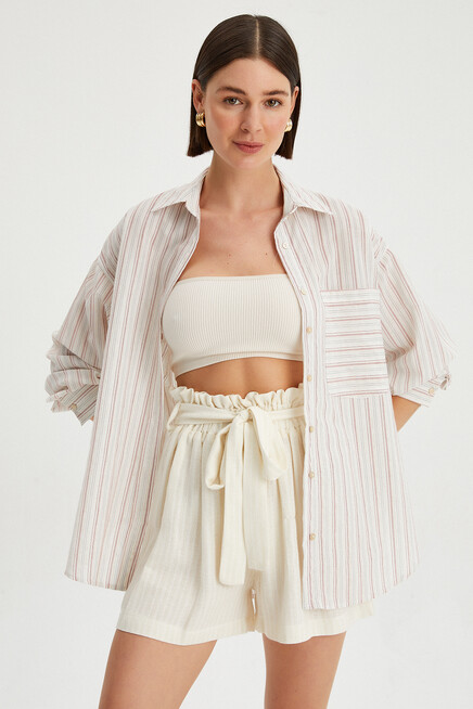 Womens Tie Detailed Waist Elastic Textured Fabric Shorts