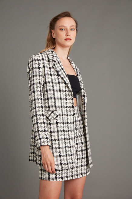 Womens White Plaid Pattern Long Blazer Short Skirt Set