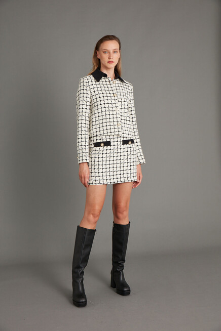 Womens White Garni Detail Short Skirt Polo Collar Jacket Set