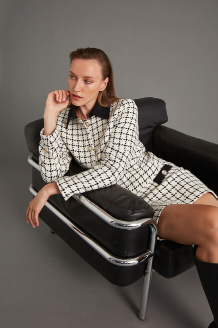 Womens White Garni Detail Short Skirt Polo Collar Jacket Set