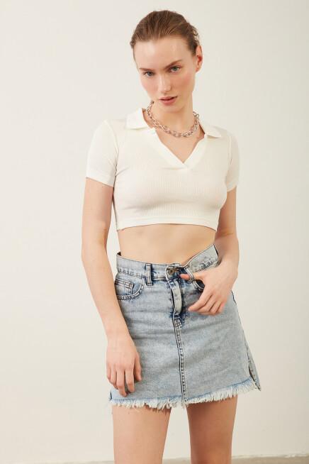 Womens White Polo Neck Basic Crop Body