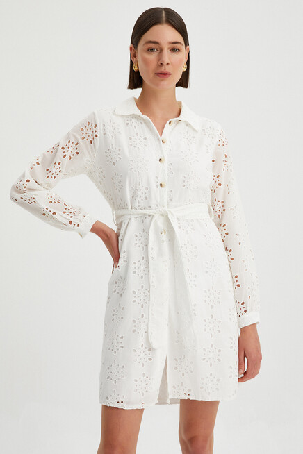 Kadın Brode Düğme Detaylı Astarlı Gömlek Elbise