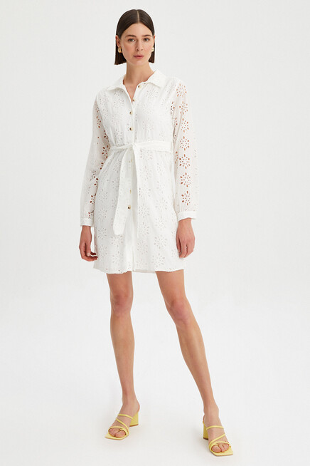 Kadın Brode Düğme Detaylı Astarlı Gömlek Elbise