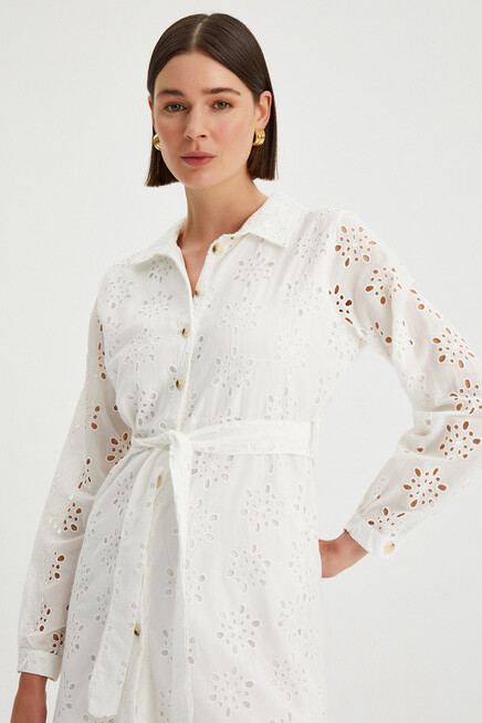 Kadın Brode Düğme Detaylı Astarlı Gömlek Elbise