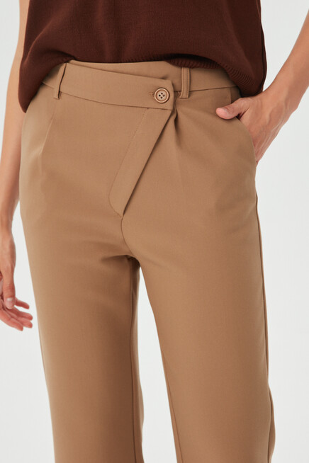 Womens Camel Asymmetrical Button Detailed Classic Trousers
