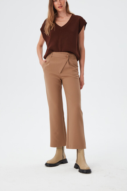 Womens Camel Asymmetrical Button Detailed Classic Trousers