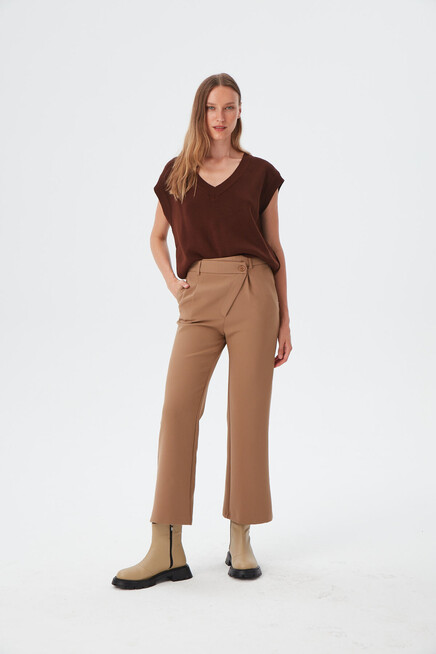 Womens Camel Asymmetrical Button Detailed Classic Trousers