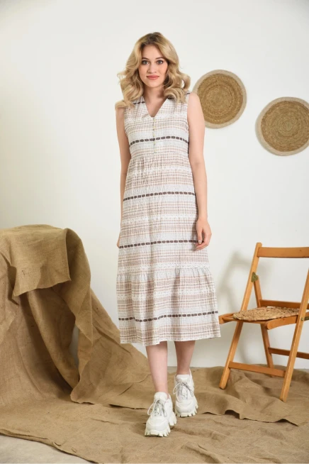 Kadın Camel Desenli Düğme Detay Kolsuz Emprime Elbise