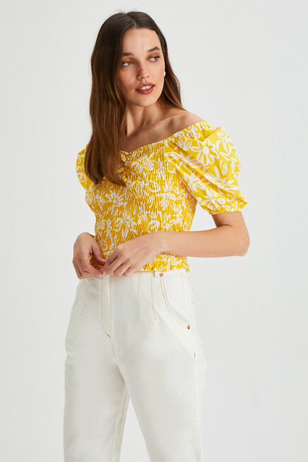 Womens Floral Patterned Gipe Detail Balloon Sleeve Blouse