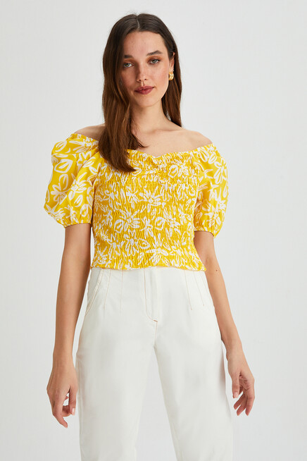 Womens Floral Patterned Gipe Detail Balloon Sleeve Blouse